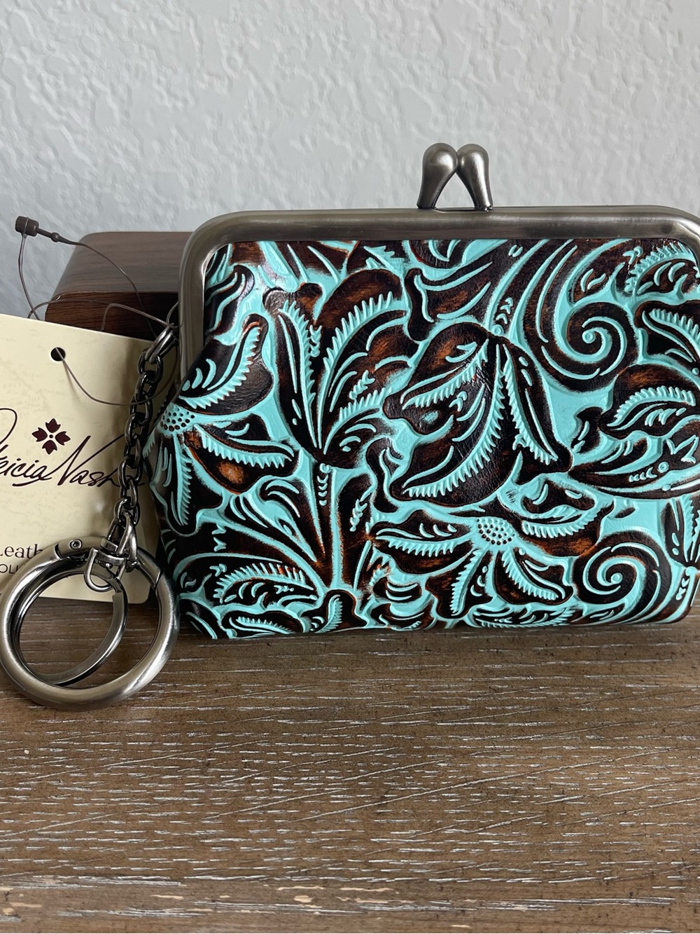 Turquoise Tooled Leather Kiss-Lock Coin Purse Wallet - Women